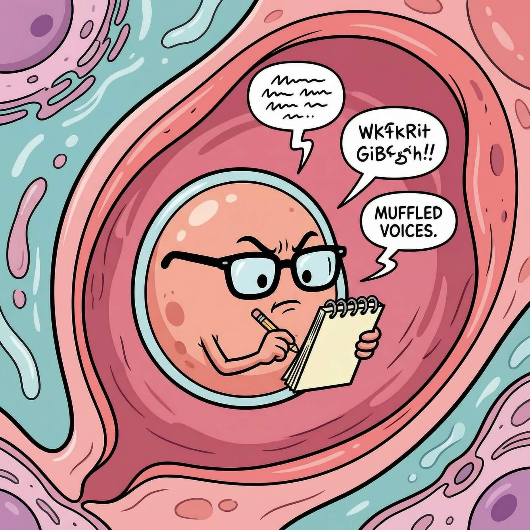 Prenatal engram illustration - fetus taking notes in the womb